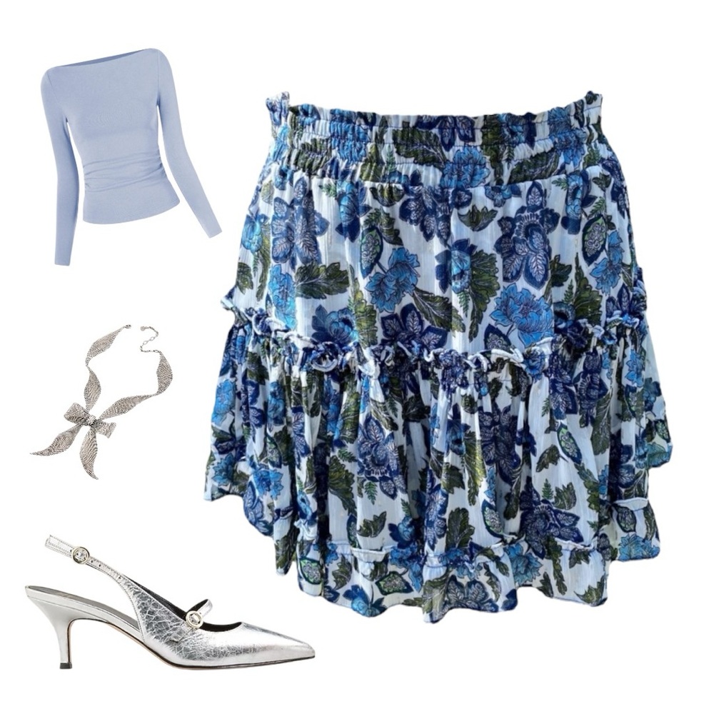 Smocked Mini Skirt by Misa Los Angeles - Floral Chiffon Blue Marion. Size M - Picture 9 of 9